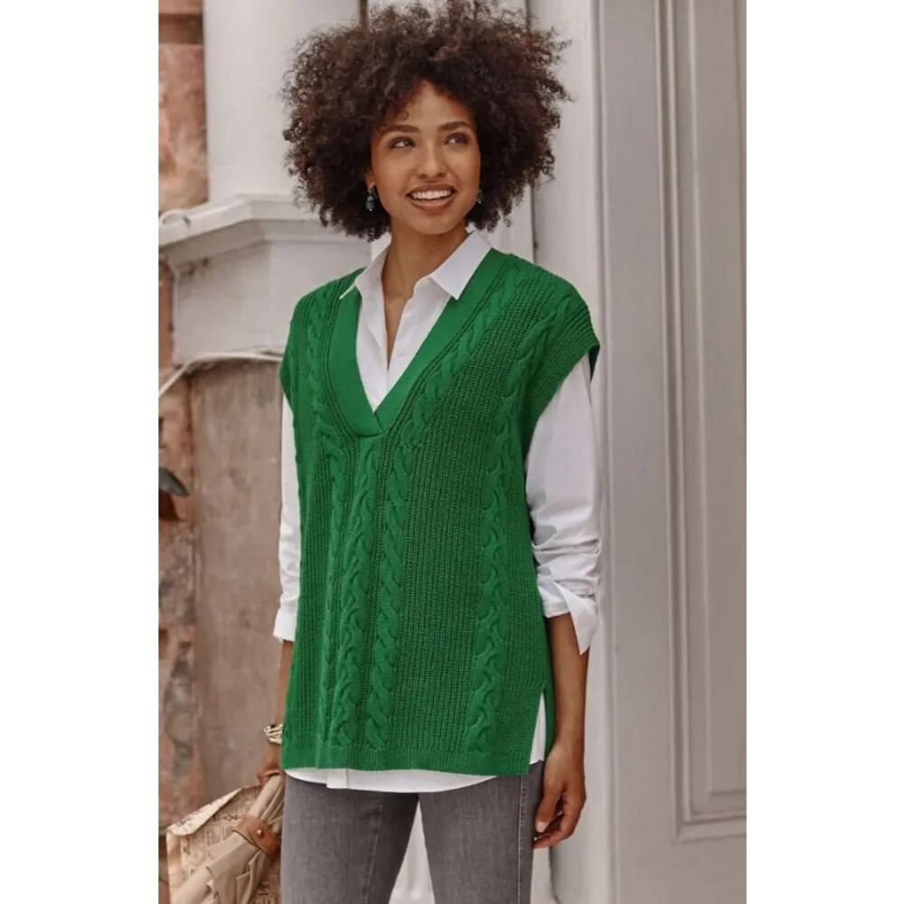 J.Jill Women’s Green V-Neck Cable Knit Sweater Vest Size M Cotton Blend